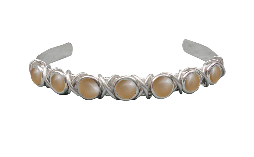 Sterling Silver 7 Stone Handmade Cuff Bracelet Peach Moonstone